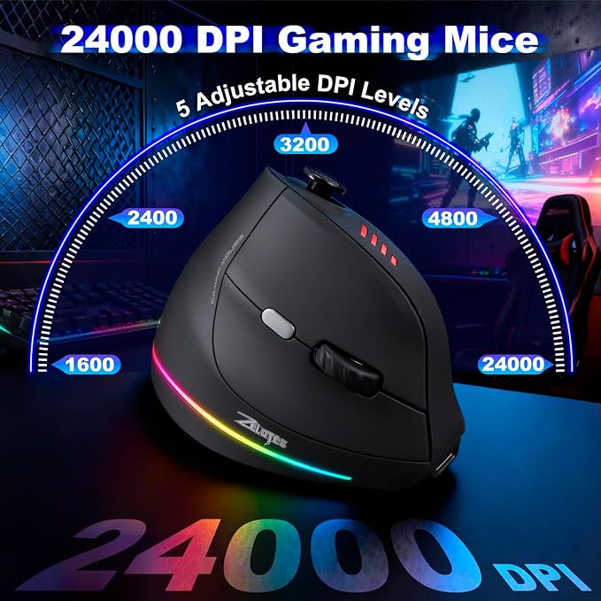 TRELC Wireless Gaming Mouse with 5 D Rocker, 24000 DPI/11 Programmable Buttons, Ergonomic Mouse for 2 Devices Connection (BT+2.4GHz), Vertical Rechargeable Mice for PC/Laptop/E-Sports/Gamer (Black)