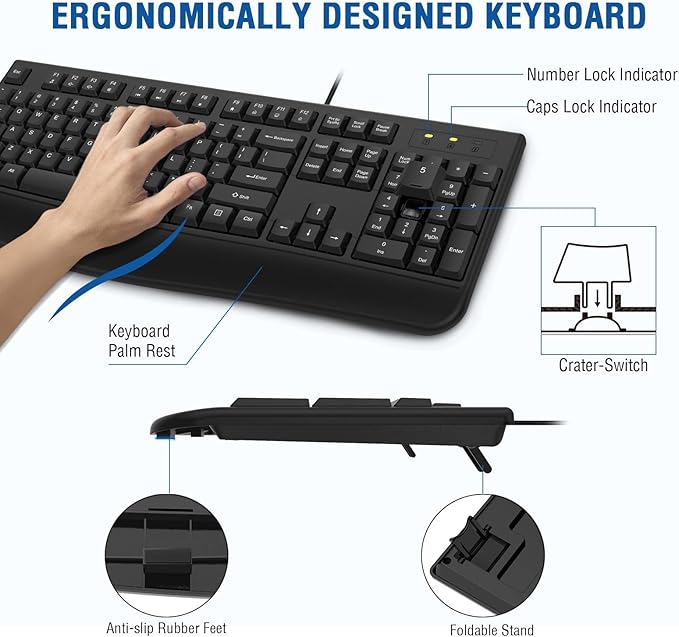 Wired Keyboard and Mouse Combo, EDJO Full-Sized Ergonomic Computer Keyboard with Palm Rest and Optical Wired Mouse for Windows, Mac OS Desktop/Laptop/PC