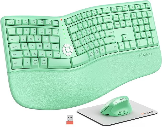 MEETION Ergonomic Keyboard and Mouse, Wireless Keyboard with Vertical Mouse, Split Curved Keyboard with Wrist Rest, Natural Typing Full Size, Windows/Mac/Computer/Laptop, Green