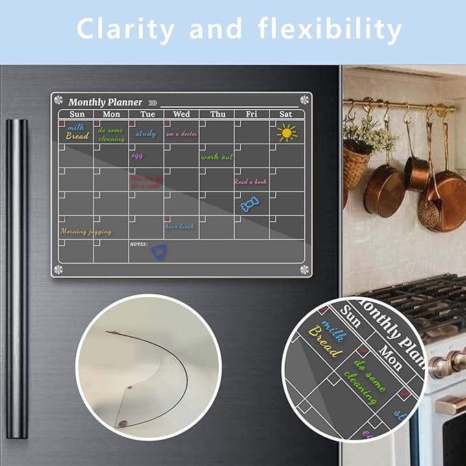 Monthly Dry Erase Calendar for Fridge, Clear Magnetic Calendar Planner with 8 Markers, 16.5"x11.7"