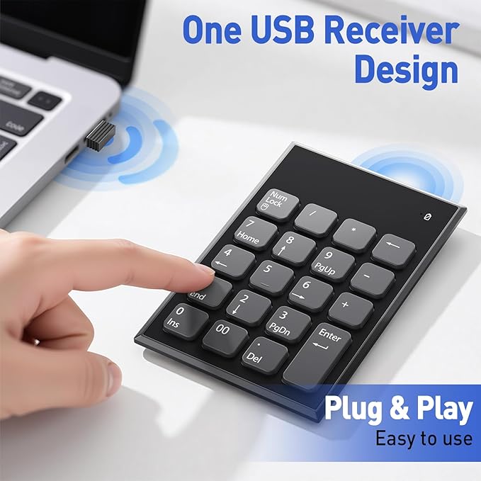Wireless Number Pad and Mouse Combo, 19 Key USB Keypad and 3 Adjustable DPI Silent Mouse, 2.4GHz Ultra Slim Keypad for Laptop, PC, Desktop, Notebook – One USB Receiver, Portable and Lightweight