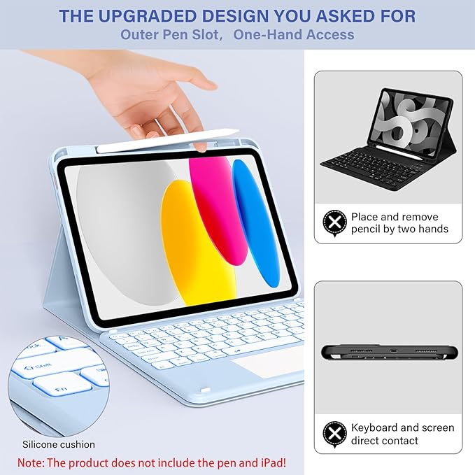 for iPad A16 11th 10th Case with Keyboard: Backlit Keyboard Case with Trackpad & Pencil Holder, Magnetic Detachable for Students Daily Learning & Note-Taking, Frost White