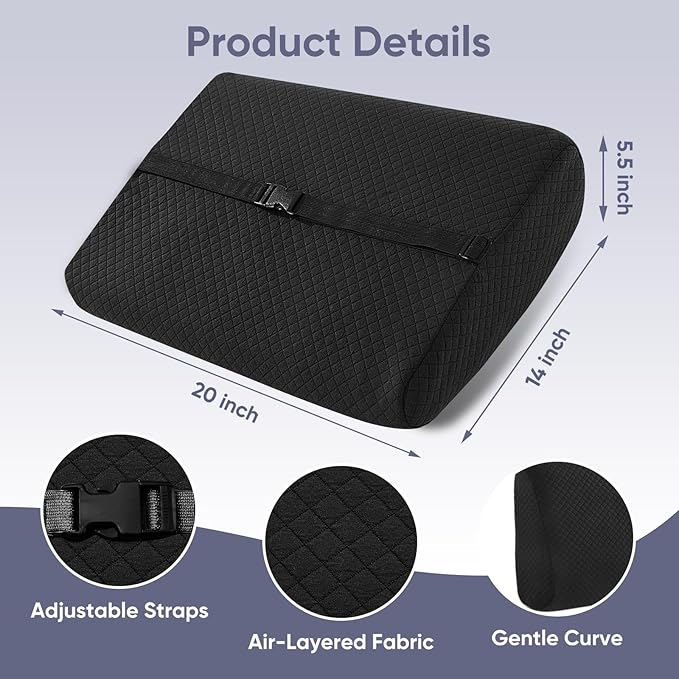 Extra Large Lumbar Support Pillow for Recliner, 20"x14"x5.5" Back Support Cushions with Back Strap, 100% Foam High Supportive, Durable, Black