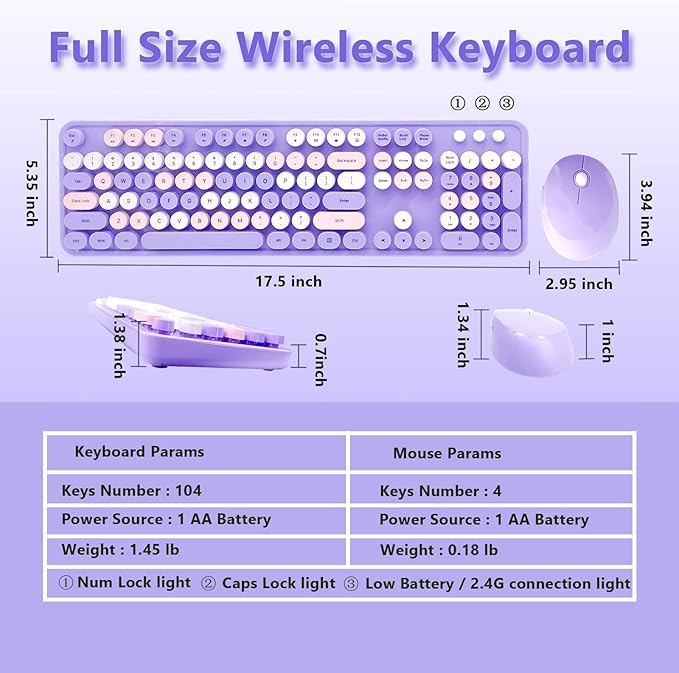 Wireless Keyboard and Mouse Combo, Ergonomic Cute Retro Typewriter Full Size Colorful USB Cordless Keyboard Mouse Set for Gaming and Office (Purple)