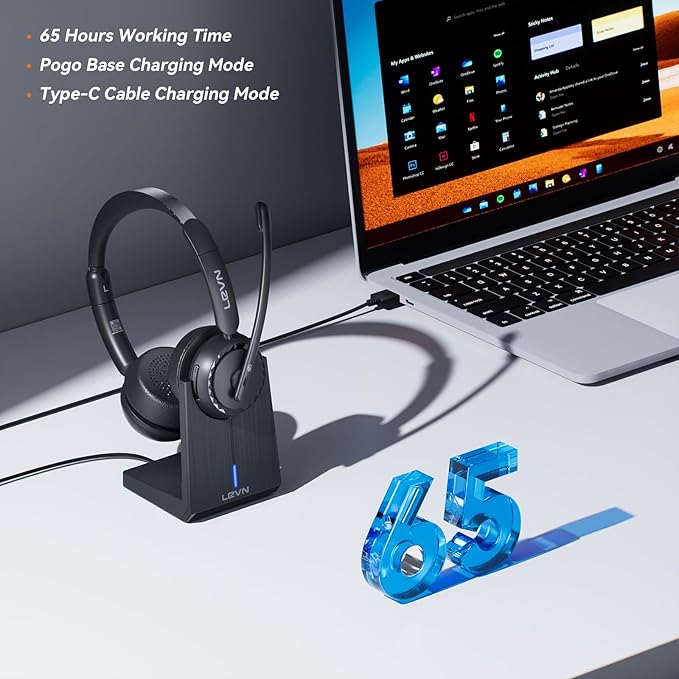 LEVN Wireless Headset, Wireless Headset with Mic for Work, (Noise Cancelling & Mute Button), Bluetooth Headset with Microphone from Home/Office/PC/Call Center/Computer/Laptop/Teams/Zoom (Black)