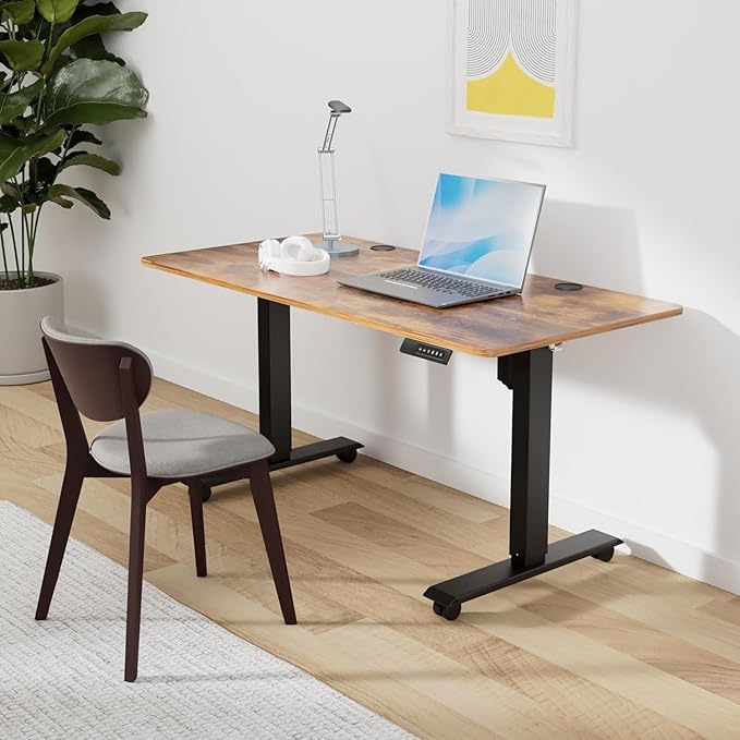 Standing Desk Adjustable Height, 48'' x 24'' Electric Sit Stand Desk for Home Office, Modern Rising Sturdy Ergonomic Workstation with Hooks and Wheels, Oak Grey