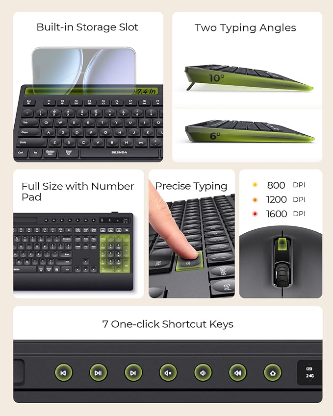seenda Bluetooth Keyboard and Mouse Combo, Multi-Device Ergonomic Keyboard Mouse with Phone Holder, Full Size Wireless Quiet Combo Compatible for Windows, Laptop, MacBook, PC, iPad - Black