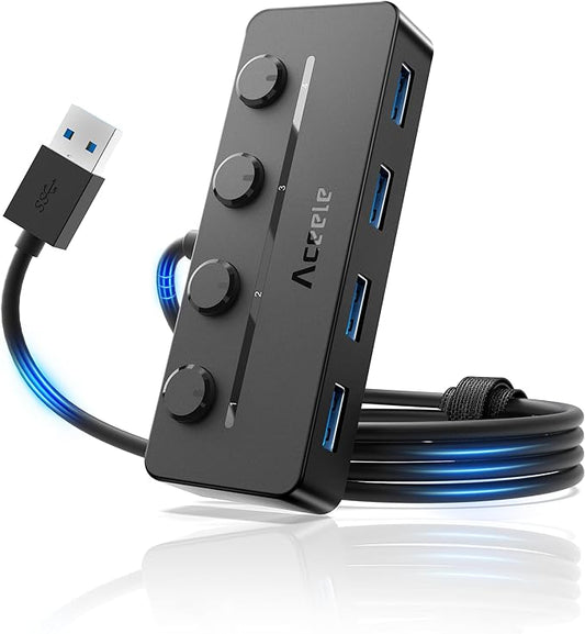 Aceele USB Hub 3.0 with Individual LED Power Switches & Type C Power Port, Multiport USB Splitter 3.0 with 4FT Long Cable, Slim & Portable USB Port Extender for Laptops, PC, MacBook, Mac Pro and More