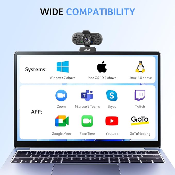 acer 1080p Webcam USB Plug and Play Webcam for PC with Noise Cancellation Microphones Computer Camera for Desktop Streaming Gaming Online Meeting Wide Angle Privacy Cover A-to-C Adapter Easy Setup