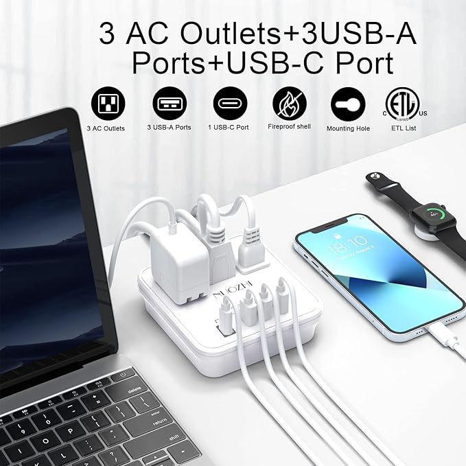 Cruise Essentials, NUOZHI 6 Ft Power Strip with 3 Outlets and 4 USB Ports(1 USB C), Non Surge Protector for Cruise Ship, Travel, Home Office, ETL Listed, White