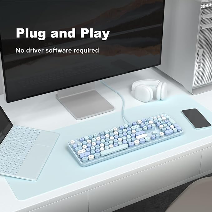 KNOWSQT Wired Computer Keyboard - Blue Colorful Retro Full Size Round Keycaps Plug and Play Typewriter Cute Keyboards for Windows, Laptop, PC, Desktop, Computer