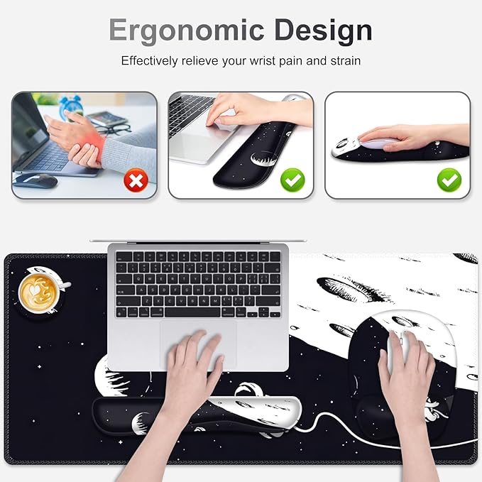 Large Mouse Pad, Keyboard Wrist Rest Set, Ergonomic, Non-slip, Washable, Wrist Support, Waterproof, 35.4 x 16 inches, Space Astronaut