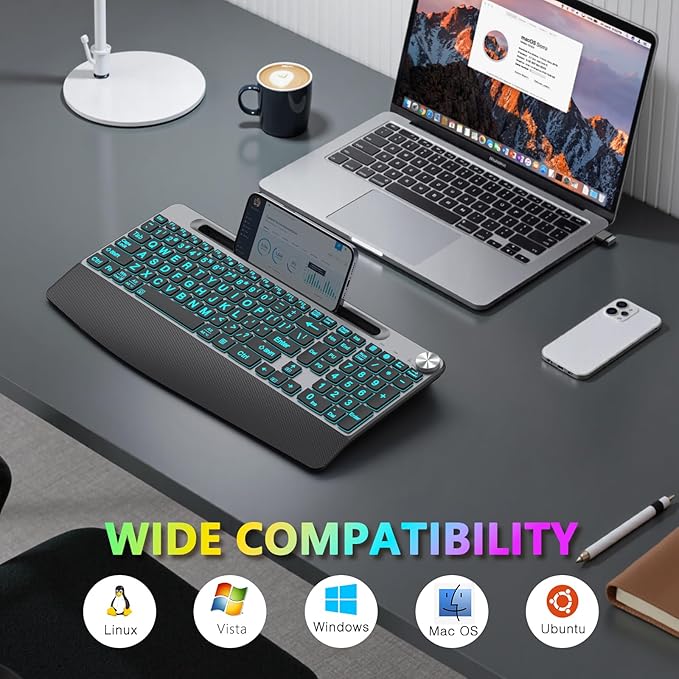 JOYACCESS Large Print Backlit Wireless Keyboard,2.4G Full Size Ergonomic Keyboard with Wrist Rest, 7-Color Light up and Oversiez Letter for Computer Laptop Windows-Black