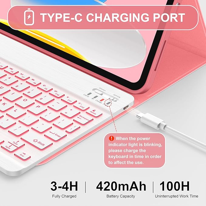 Soke for iPad (A16) 11th/10th Generation Case with Keyboard(2025/2022)-7 Color Backlight Wireless Detachable Folio Keyboard Cover with Built-in Pencil Holder for iPad 11/10.9 inch, Watermelon Marble