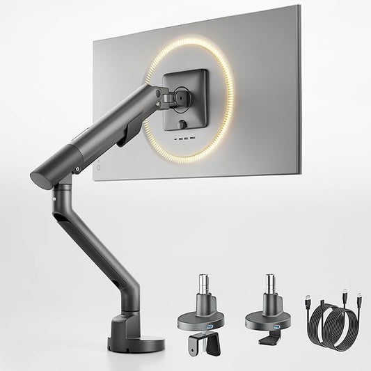 monTEK Single Monitor Arm with USB for 17-40 Inch Screens, Up to 24.3lbs, Heavy Duty Monitor Mount with VESA Mount, Full Motion Adjustment Monitor Stand C-Clamp/Grommet Base,VESA 75/100mm