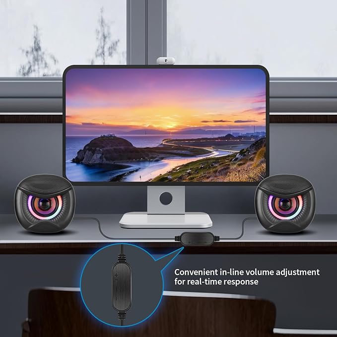 USB Computer Speakers, 3.5mm Aux Speaker and USB Powered Interface are Suitable for Desktop Laptop Monitor, Owl Eye Design, Includes a USB-C Adapter, Colorful Lights