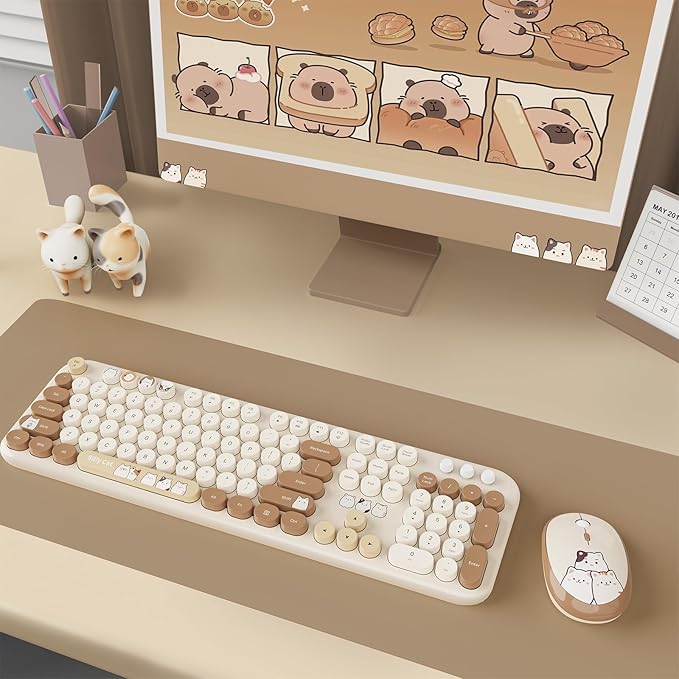 Wireless Keyboard and Mouse Combo, 2.4GHZ Typewriter Retro Full Size Keyboards, Cute Colorful Computer Keyboard and Wireless Mouse for Laptop/Desktop/Windows/PC (Milk Tea Colorful)