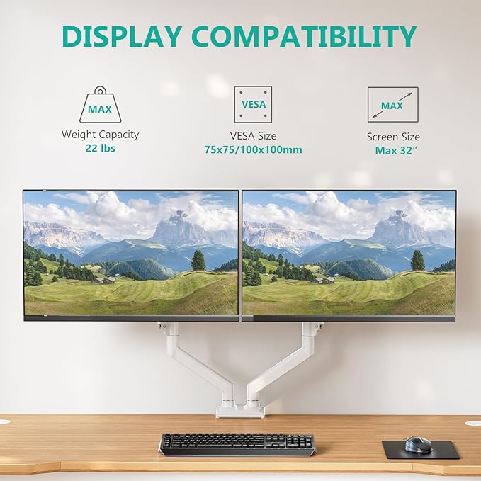 WALI Dual Monitor Stand, Adjustable Gas Spring Arm Monitor Mount for 2 Monitors up to 32 Inch,19.8lbs Capacity (GSMP002W), White by WALI