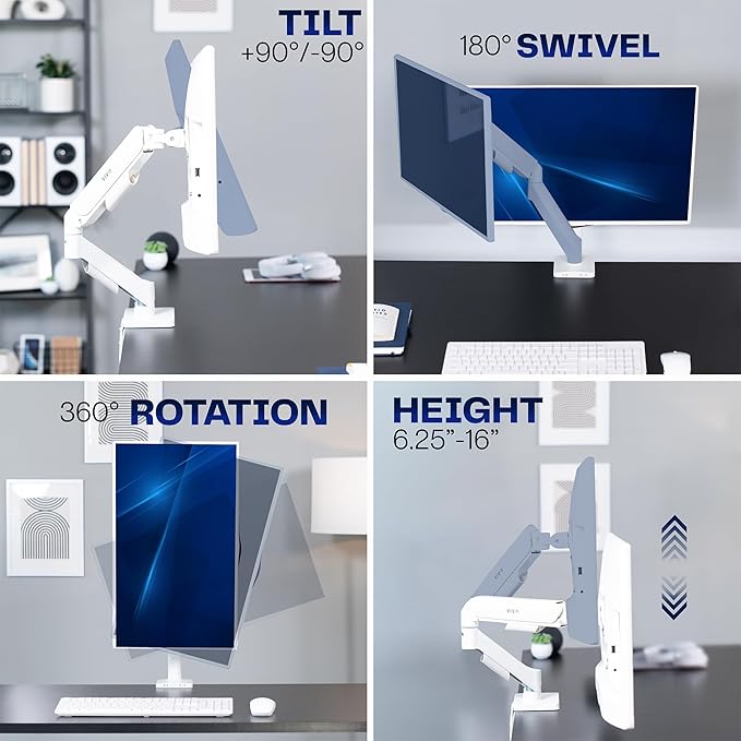 VIVO Single Monitor Stand, Fully Adjustable Arm for 17 to 32 inch Screen, Mechanical Articulating Desk Mount, Gaming and Office Setups, VESA 75x75, 100x100, Max 19.8 lbs, Classic, White, STAND-V001OW