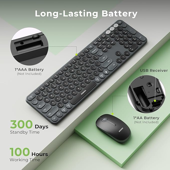 seenda Wireless Bluetooth Keyboard and Mouse Combo, COE202 Round Cute Keycaps, 3 Multi-Device Connection, Full Size Wireless Keyboard Compatible for PC/Laptop/Mac/MacBook/iPad/Tablet, Black