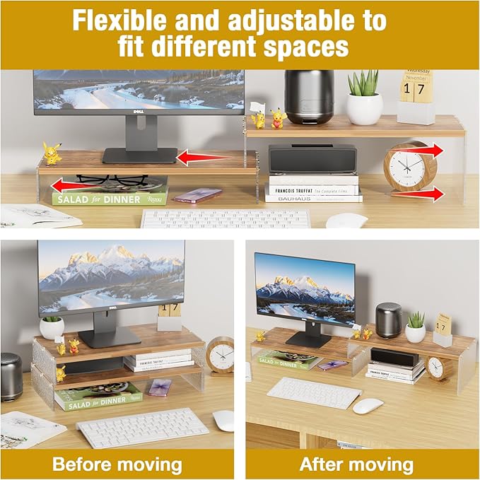 Adjustable Monitor Stand Riser with Acrylic Legs丨7.67" Wide Dual Monitor Stand for Desk丨2-Tier Wood Desktop Organizer for Computer, Laptop, Printer & PC丨Modern Aesthetic Desk Shelf(wood-glacial striae)