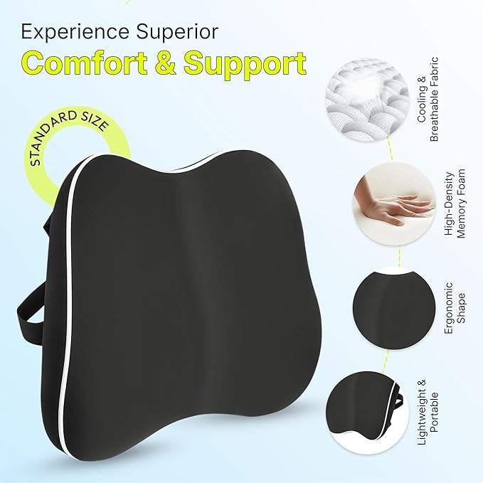 Teemtan Lumbar Support Pillow for Office Chair & Car – Ergonomic Memory Foam Back Cushion with Cooling Cover & Adjustable Strap – Support for Better Posture and Sitting Comfort
