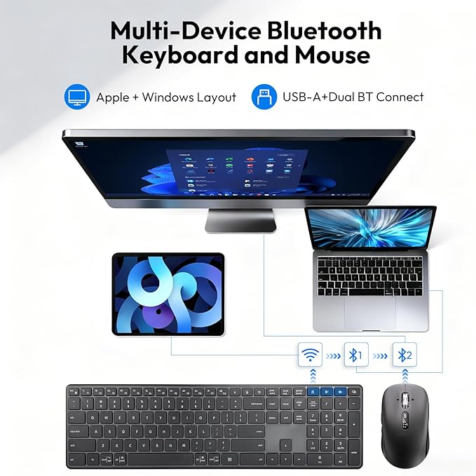 M9250 Wireless Keyboard Mouse Combo,Scissors Mechanism QWERTY Silent Wireless Bluetooth Keyboard and Ergonomic Mouse Set for Windows, iOS, Android, Computer Desktop PC Laptop iPad