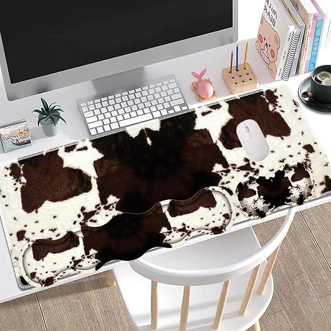 Large Gaming Mouse Pad + Keyboard Wrist Rest + Wrist Support + Coaster Set, Memory Foam Ergonomic for Easy Typing, XXL Extended Gaming Mouse Pad Table Pad - Cow Hide Print