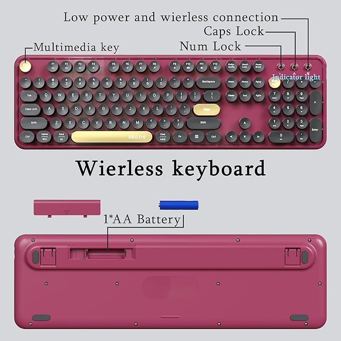 Colorful Wireless Computer Keyboards Mouse Combos, UBOTIE Polychrome Round Keycaps Retro PC Keyboards 2.4GHz Radio Frequency Connection with Optical Mouse(Black Claret)