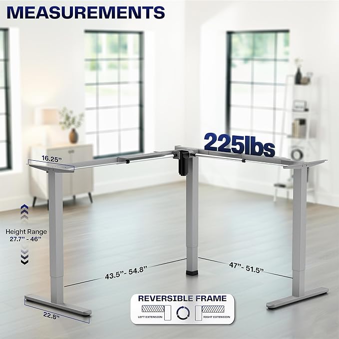 VIVO Medium Electric Single Motor Height Adjustable 3-Leg Corner Desk Standing Frame, Holds up to 225 lbs, Sit Stand L-Shaped Motorized Legs Only, Gray, DESK-E355G