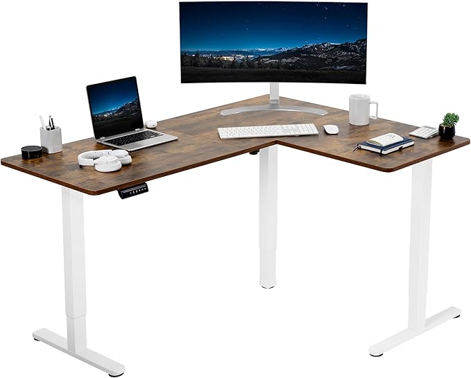 VIVO Corner Standing Desk, 63 x 47 inch Reversible L-Shaped Workstation, Electric Height Adjustment, Home, Office, and Reception Rooms, Rustic Vintage Brown Table Top White Frame, DESK-E3CTWN-47