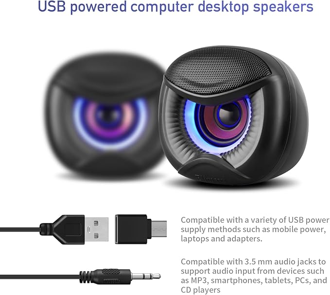 USB Computer Speakers, 3.5mm Aux Speaker and USB Powered Interface are Suitable for Desktop Laptop Monitor, Owl Eye Design, Includes a USB-C Adapter, Blue Lights