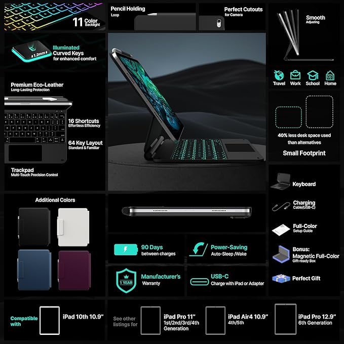 typecase Edge Keyboard Case for iPad 11th Gen A16 (2025) & 10th Gen 10.9" (2022) – Multi-Touch Trackpad, 11-Color Backlit Magic-Style Keyboard – Floating Magnetic Stand, Pencil Holder – Black