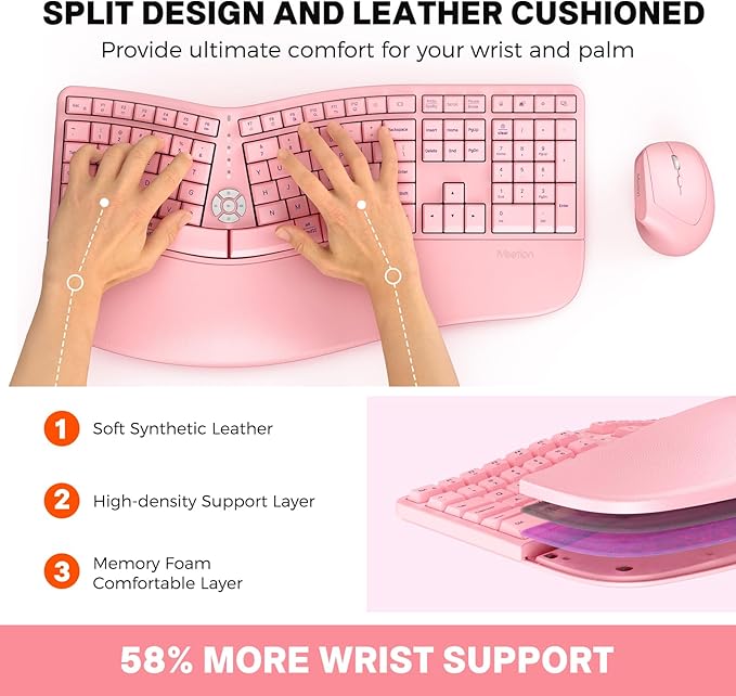 MEETION Ergonomic Keyboard and Mouse Combo, 2.4G Cordless Split Keyboard with Cushioned Palm Rest, Vertical Wireless Mouse, Natural Typing Full Size Keyboard, for Windows/Mac Pink