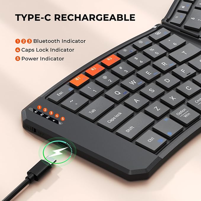 MEETION New Ergonomic Bluetooth Foldable Keyboard, Split Compact Portable Wireless Keyboard for Business Travel, Rechargeable Folding Keyboard for Tablet PC Smartphone iOS Android Windows Mac Black