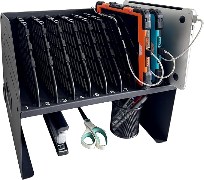 Laptop Charging Station for Classroom, Office, or Home, 10-Device Organizer with 6 AC Outlets & 4 Fast-Charging USB Ports, Fits Laptops, Tablets & E-Readers up to 1.3" Thick, 15.6"