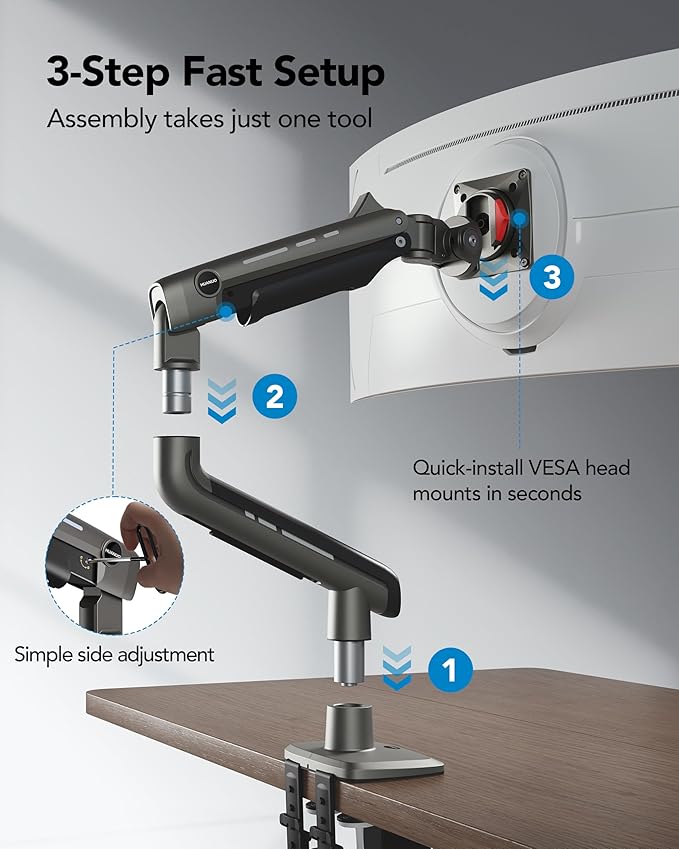 HUANUO TitanLift Heavy Duty Monitor Arm for Screens up to 49", Holds 44 lbs, Aluminum Ultrawide Screen Monitor Mount, Fully Adjustable Single Gaming Desk Mount with Dual C-Clamp, Max VESA 100x100mm