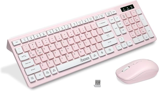 Wireless Keyboard and Mouse Combo, Reccazr 2.4G Full-Sized Keyboard and Mouse Cordless, 3 DPI Adjustable Mouse, Dual-System Keyboard for Computer/Laptop/Windows/Mac (Pink & White)
