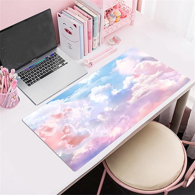 HVEST Pink Cloud Mouse Pad Pink Cute Desk Mat XXL Large Gaming Mouse Pad for Computer Keyboard Laptop, Mousepad with Stitched Edges, Home Office Desk Decor Accessories for Girl Women 31.5'' x 15.7''