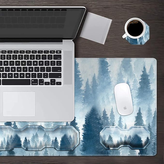Large Gaming Mouse Pad + Keyboard Wrist Rest + Mouse Wrist Rest Support Set+ Coaster, Ergonomic Memory Foam, Multifunctional Desk Mat 4pcs for Computer, Home & Office,Forest Tree