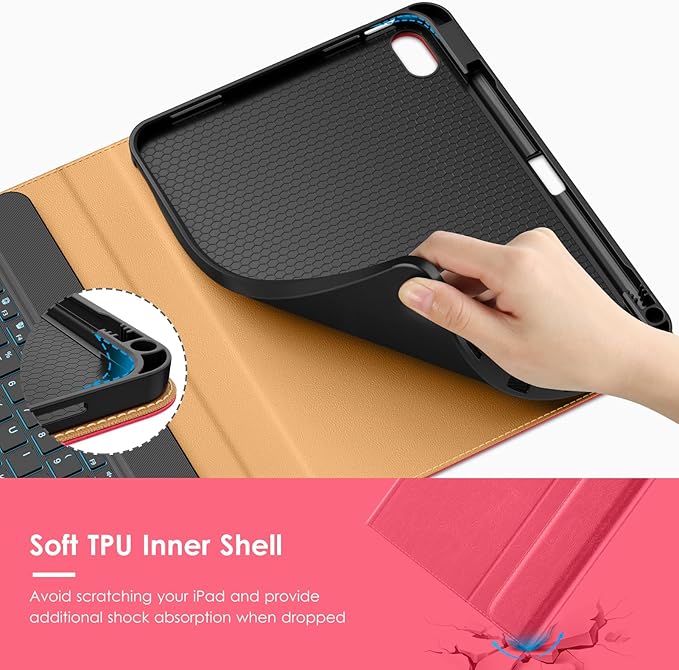 VIKESI Keyboard Case for iPad (A16,2025) 11th Generation/iPad 10th Generation Case (10.9" 2022), Premium Leather Smart Cover, Built-in Breathing Light, Function Row, Card Slots - Watermelon red