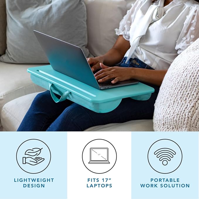 LAPGEAR Original Lap Desk – Large (17.9” x 13”) | Fits Up to 17.3” Laptops | Cushioned with Device Ledge, Pencil Tray & Handle | Portable & Lightweight | Aqua Sky – Style No. 45159