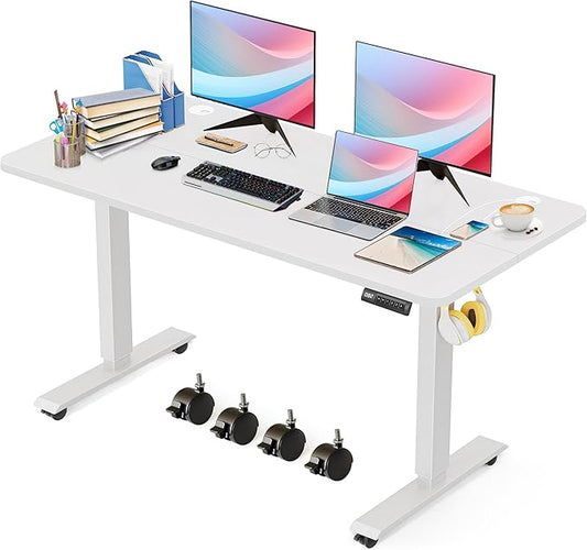 Electric Standing Adjustable Height Desk, 55'' x 24''Computer Workstations with Wheels and Double Hooks, 27''-46'' Lifting Range Stand up Desk(White)