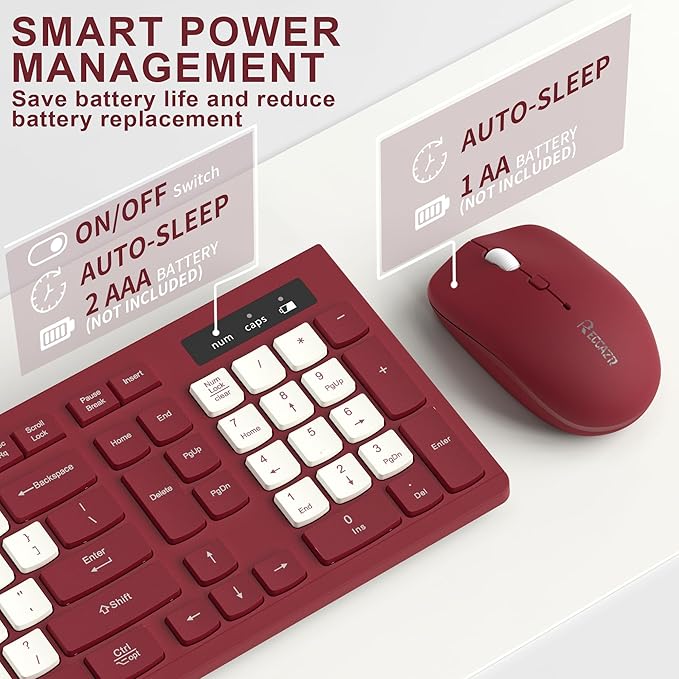 Wireless Keyboard and Mouse Combo, Full-Sized Wireless Keyboard and Adjustable DPI Mouse, 2.4GHz USB Receiver, Keyboard and Mouse for PC, Windows, Desktop, Laptop (Wine Red-B)