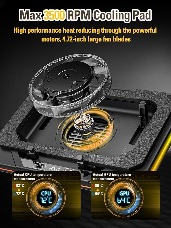 Laptop Cooling Pad, Gaming Laptop Cooler for 13-19 Inch Laptops, RGB Lights Laptop Fan Cooling Pad with 3 Height Adjustable and 3 USB Ports, 4.72 Inch Large Turbo Fan, Max 3500RPM