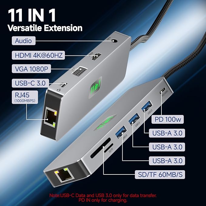 USB C Docking Station Dual Monitor 11 in 1, 4K@60Hz HDMI & DisplayPort Hub with Gigabit Ethernet, 100W PD, USB 3.0, USB C, SD/TF Card Reader, Compatible with MacBook, Dell, HP, Lenovo, Surface