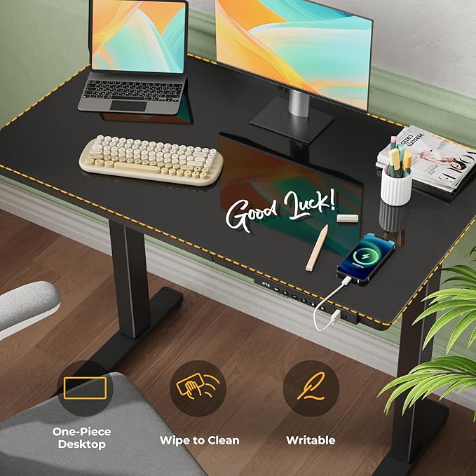 Glass Small Standing Desk with Drawer, 35" x 20" Whole Piece Tabletop Electric Sit Stand Table, Height Adjustable Workstation with Storage & USB Ports, Quick Install Home Office Desk