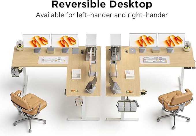 75x61 Inches Reversible L Shaped Standing Desk Height Adjustable with Cup Holder, Electric Corner Computer Workstation for Home Office, Ergonomic Sit Stand up Gaming Desk, Oak