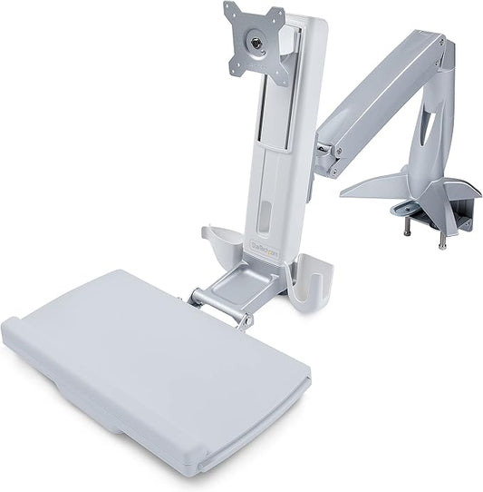StarTech.com Sit-Stand Monitor Arm with Keyboard Tray - Adjustable Desk Mount Sit-Stand Workstation Arm for Single 27" VESA Display - Ergonomic Articulating Standing Desk Converter, TAA