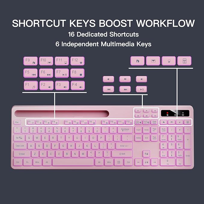 Wireless Keyboard with 7-Color RGB Backlit, Full-Size Computer Keyboard with Phone Tablet Holder, 2.4G Rechargeable Gaming Keyboard with Light Up Keys, Compatible with Mac, Windows (Pink)